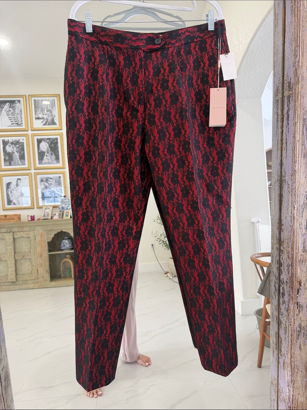 Christopher Kane Black & Red Lace Bonded Satin Trousers